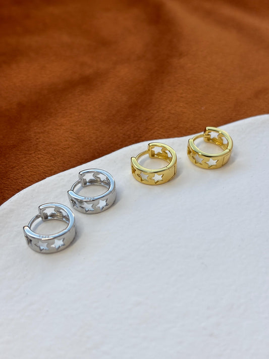 Silver Cut Out Star Hoop Earrings, Golden Hallow Star Huggie Jewelry, Daily Basic Everyday Hoop, Gold Plated 925 Sterling Silver Jewellery