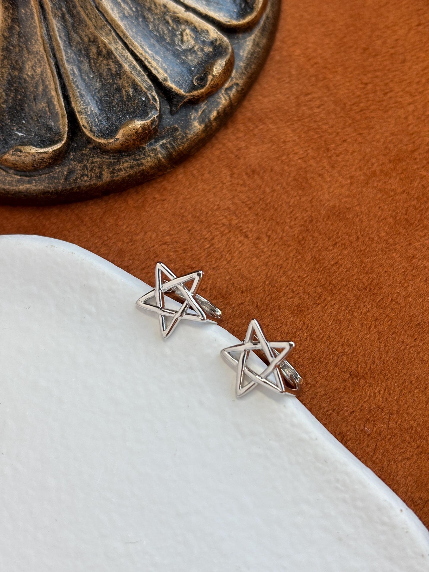 Silver Five Pointed Star Hoop Earrings, Golden Pentagram Huggie Jewelry, Daily Basic Everyday Hoop, Gold Plated Sterling Silver Jewellery