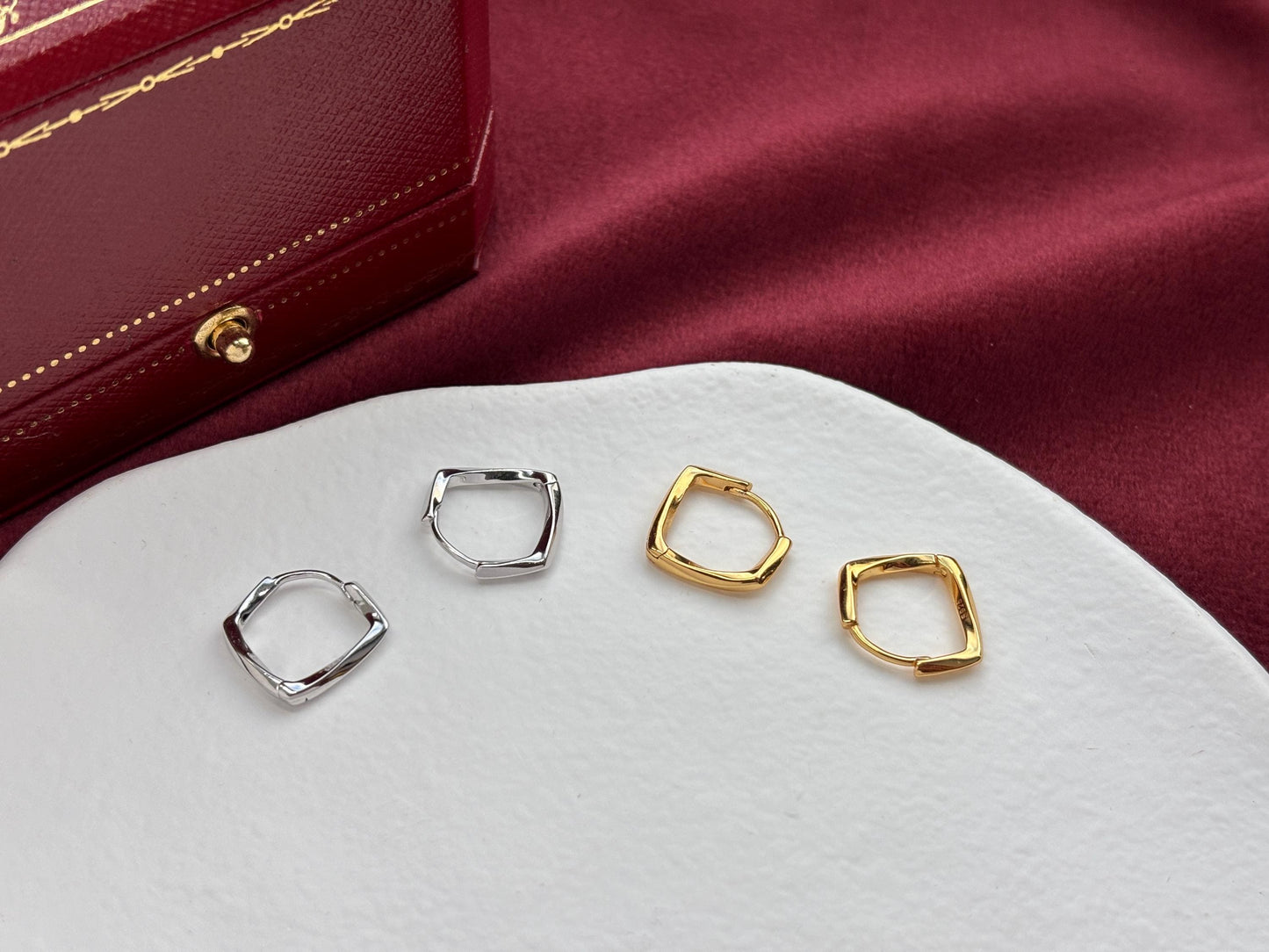 Dainty Square Twisted Huggie, Silver Twist Hoop Earrings, Minimalist Daily Basic Jewelry, 18K Gold Plated 925 Sterling Silver Jewellery