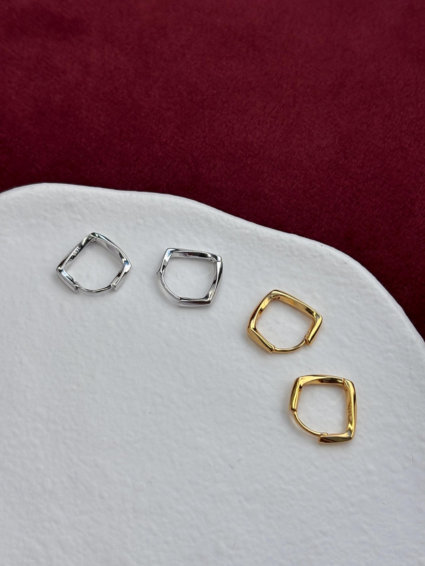 Dainty Square Twisted Huggie, Silver Twist Hoop Earrings, Minimalist Daily Basic Jewelry, 18K Gold Plated 925 Sterling Silver Jewellery