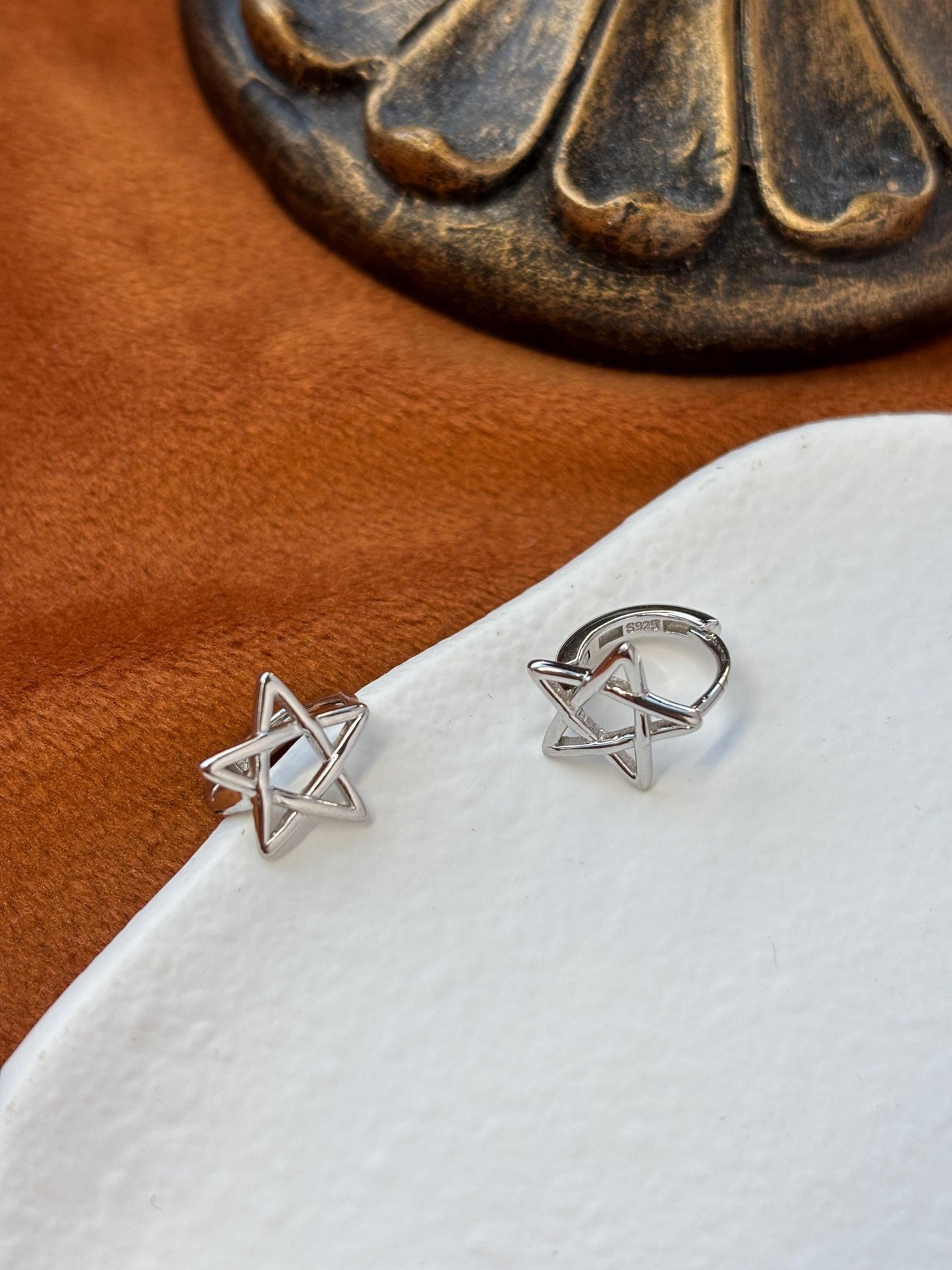 Silver Five Pointed Star Hoop Earrings, Golden Pentagram Huggie Jewelry, Daily Basic Everyday Hoop, Gold Plated Sterling Silver Jewellery