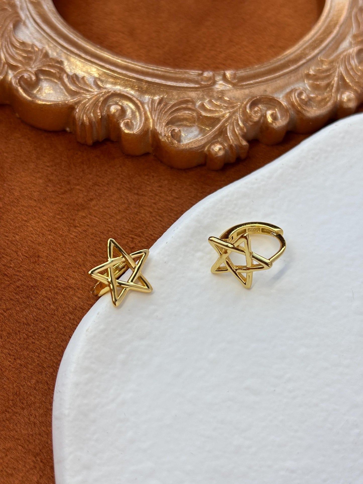 Silver Five Pointed Star Hoop Earrings, Golden Pentagram Huggie Jewelry, Daily Basic Everyday Hoop, Gold Plated Sterling Silver Jewellery