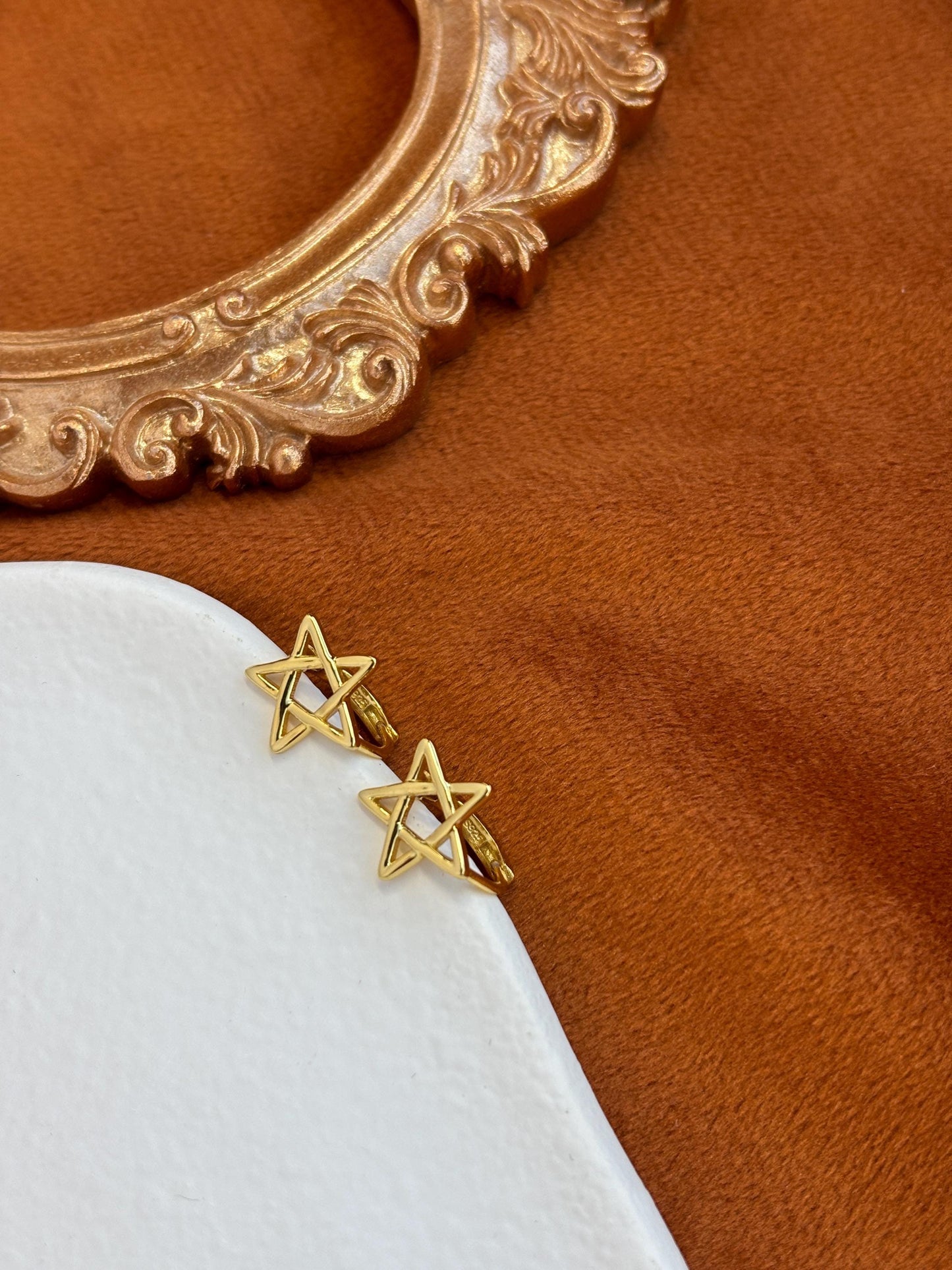 Silver Five Pointed Star Hoop Earrings, Golden Pentagram Huggie Jewelry, Daily Basic Everyday Hoop, Gold Plated Sterling Silver Jewellery