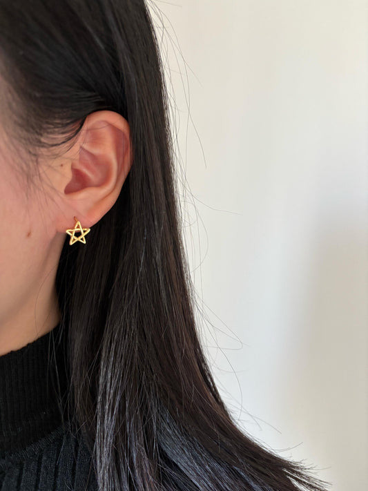 Silver Five Pointed Star Hoop Earrings, Golden Pentagram Huggie Jewelry, Daily Basic Everyday Hoop, Gold Plated Sterling Silver Jewellery