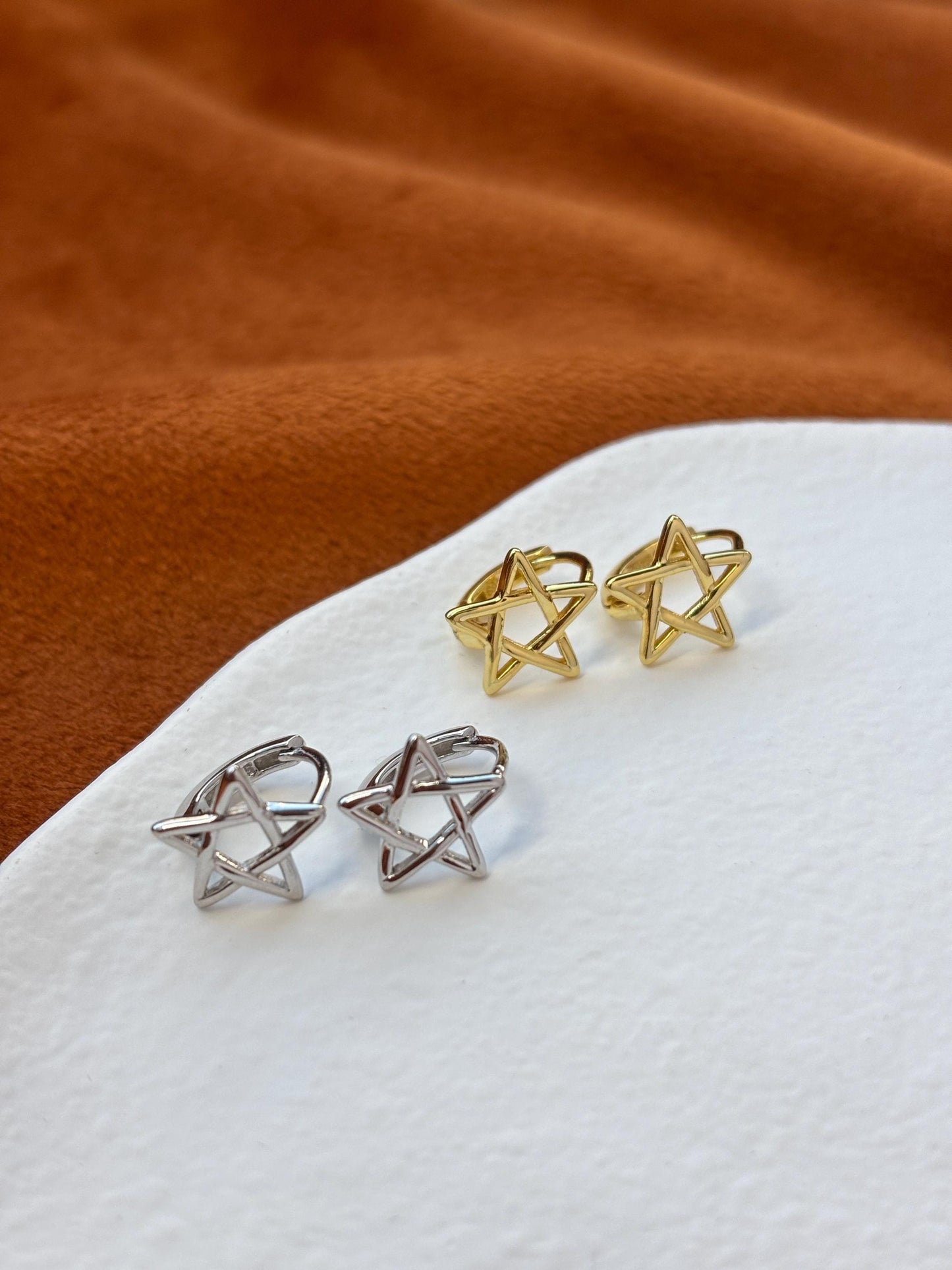 Silver Five Pointed Star Hoop Earrings, Golden Pentagram Huggie Jewelry, Daily Basic Everyday Hoop, Gold Plated Sterling Silver Jewellery