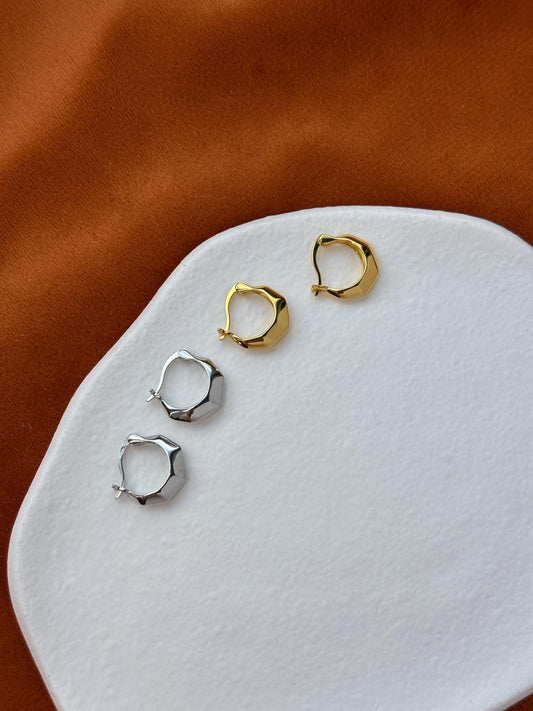 Dainty Silver Hexagon Hoops, Golden Polygon Minimalist Huggie, Irregular Geometric Jewelry, 18K Gold Plated 925 Silver Earrings Jewellery