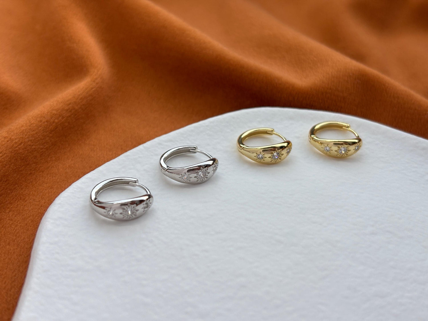 Dainty Star Hoop Earrings, Shiny Octagram Star Huggie, Sun Flower Earrings Jewelry, 18K Gold Plated Sterling Silver Sparkling Star Jewellery