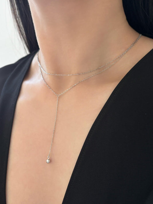 Golden Chain Y Shaped Lariat Necklace, Gold Plated Sterling Silver Shiny Clavicle Necklace, Bead Pendant Jewellery, Dainty Elegant Jewelry