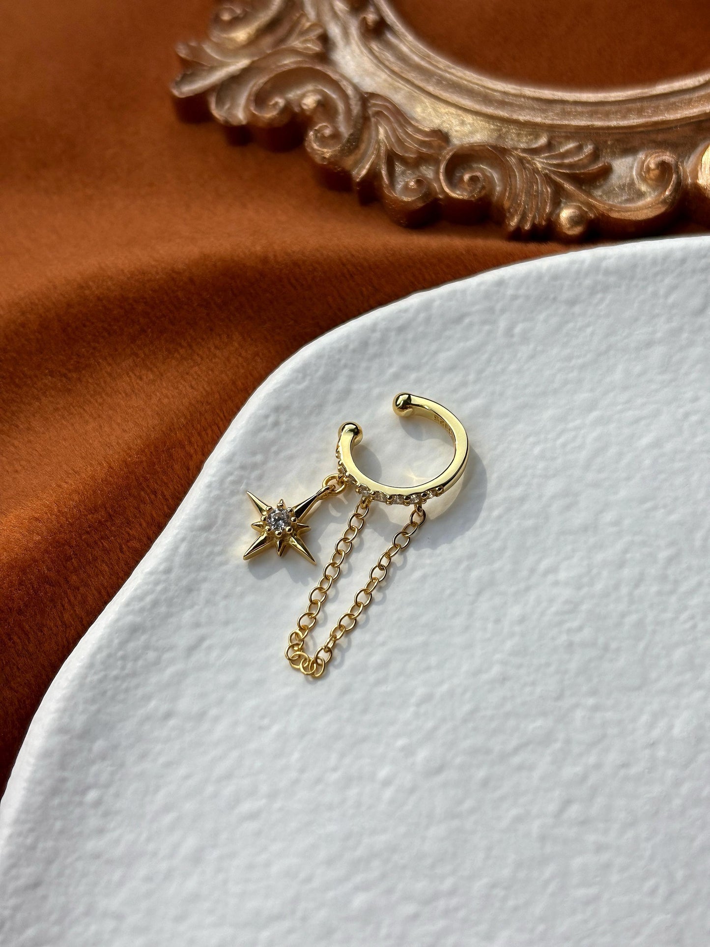 Dainty Golden North Star Ear Cuffs Jewelry, Gold Plated 925 Sterling Silver Star Chain Ear Cuff, Drop Star Non-Piercing Earrings Jewellery