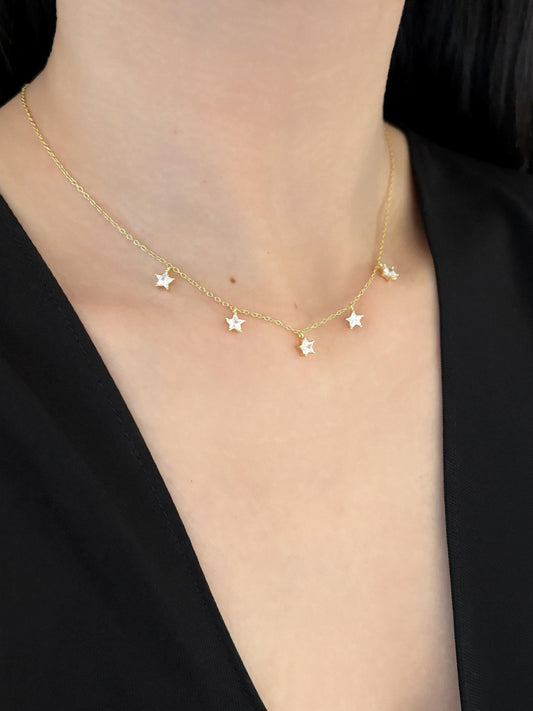 Star Charm Necklace, Golden Shiny Pentacle Star Clavicle Necklace Jewellery, Gold Plated 925 Sterling Silver Dainty Celestial Choker Jewelry