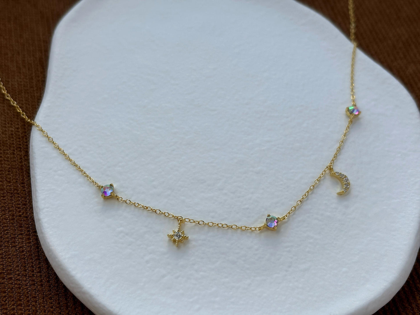 Star Moon Charm Necklace, Golden Shiny North Star Clavicle Necklace Jewellery, Gold Plated Sterling Silver Dainty Celestial Choker Jewelry