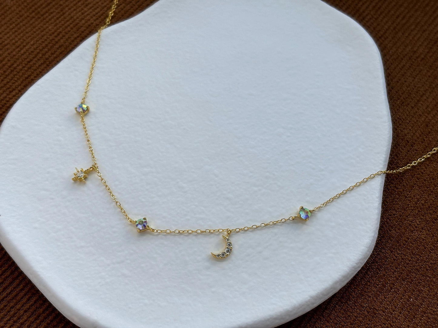 Star Moon Charm Necklace, Golden Shiny North Star Clavicle Necklace Jewellery, Gold Plated Sterling Silver Dainty Celestial Choker Jewelry