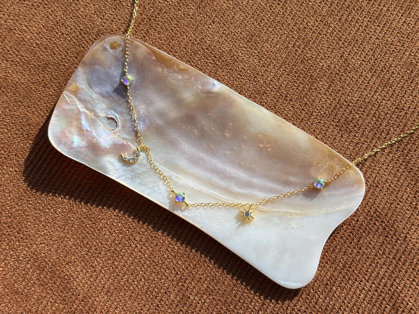 Star Moon Charm Necklace, Golden Shiny North Star Clavicle Necklace Jewellery, Gold Plated Sterling Silver Dainty Celestial Choker Jewelry