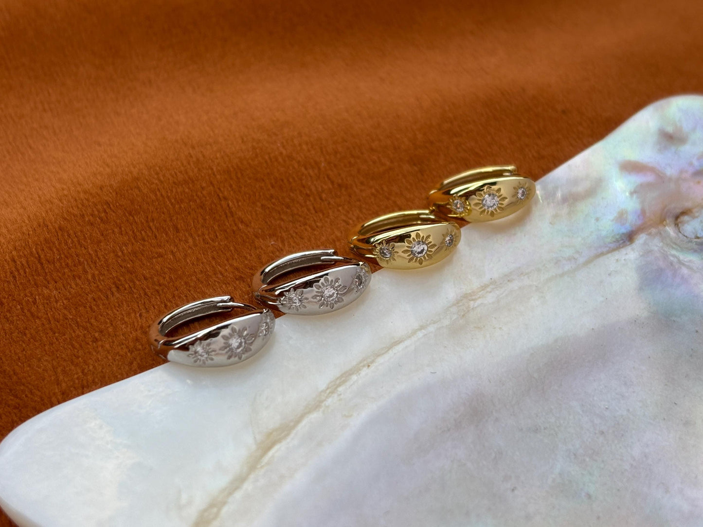 Dainty Star Hoop Earrings, Shiny Octagram Star Huggie, Sun Flower Earrings Jewelry, 18K Gold Plated Sterling Silver Sparkling Star Jewellery