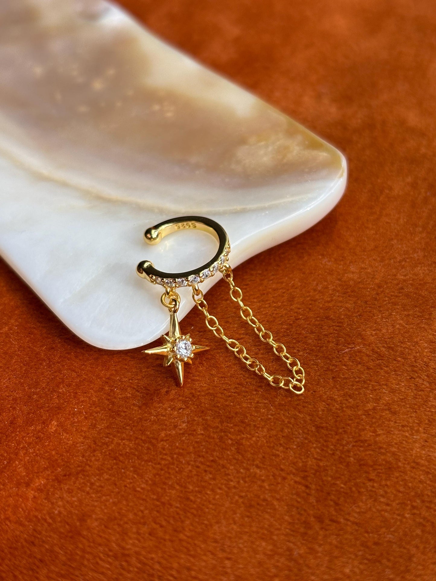 Dainty Golden North Star Ear Cuffs Jewelry, Gold Plated 925 Sterling Silver Star Chain Ear Cuff, Drop Star Non-Piercing Earrings Jewellery