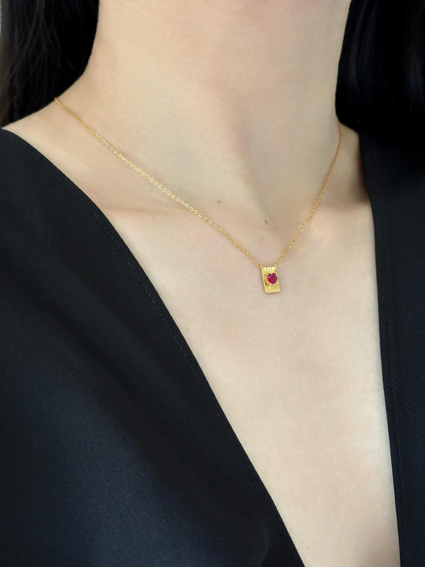 Ruby Heart Pendant Necklace, Golden Rectangle Sunbeam Necklace Jewellery, Dainty Red Love Heart Clavicle Necklace Jewelry, Sterling Silver