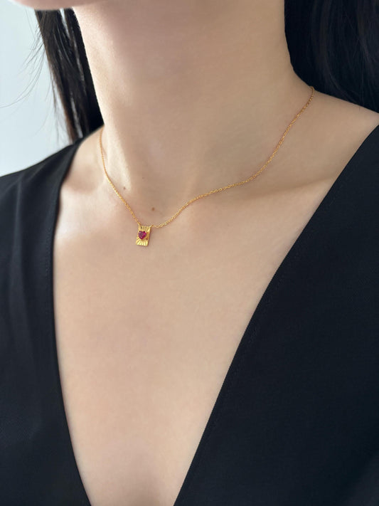 Ruby Heart Pendant Necklace, Golden Rectangle Sunbeam Necklace Jewellery, Dainty Red Love Heart Clavicle Necklace Jewelry, Sterling Silver