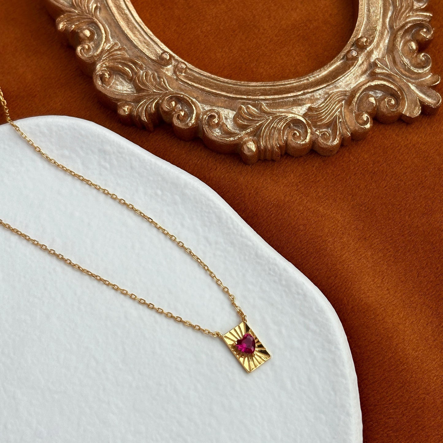 Ruby Heart Pendant Necklace, Golden Rectangle Sunbeam Necklace Jewellery, Dainty Red Love Heart Clavicle Necklace Jewelry, Sterling Silver