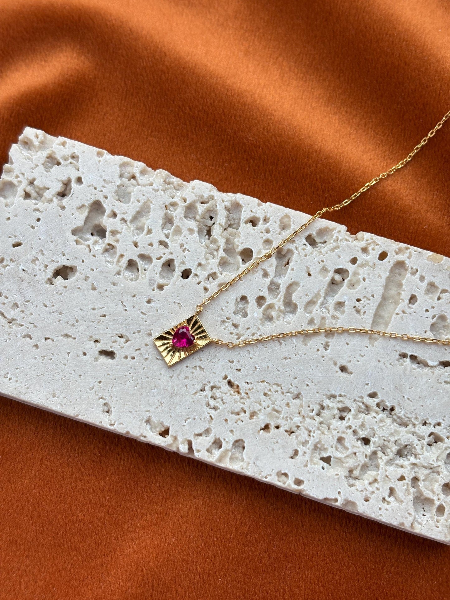 Ruby Heart Pendant Necklace, Golden Rectangle Sunbeam Necklace Jewellery, Dainty Red Love Heart Clavicle Necklace Jewelry, Sterling Silver