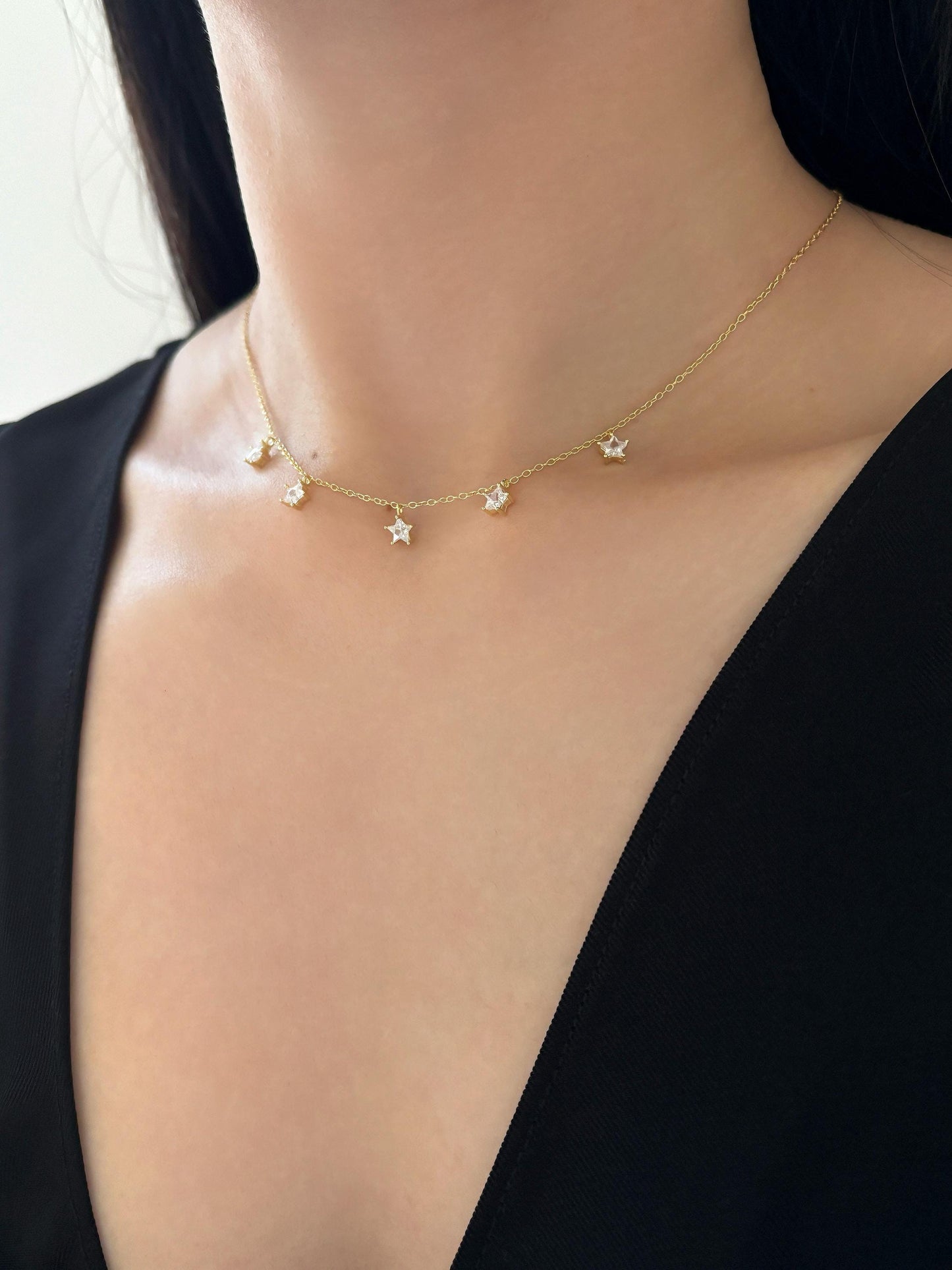 Star Charm Necklace, Golden Shiny Pentacle Star Clavicle Necklace Jewellery, Gold Plated 925 Sterling Silver Dainty Celestial Choker Jewelry