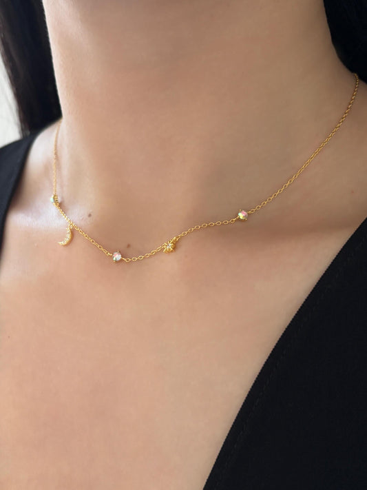 Star Moon Charm Necklace, Golden Shiny North Star Clavicle Necklace Jewellery, Gold Plated Sterling Silver Dainty Celestial Choker Jewelry