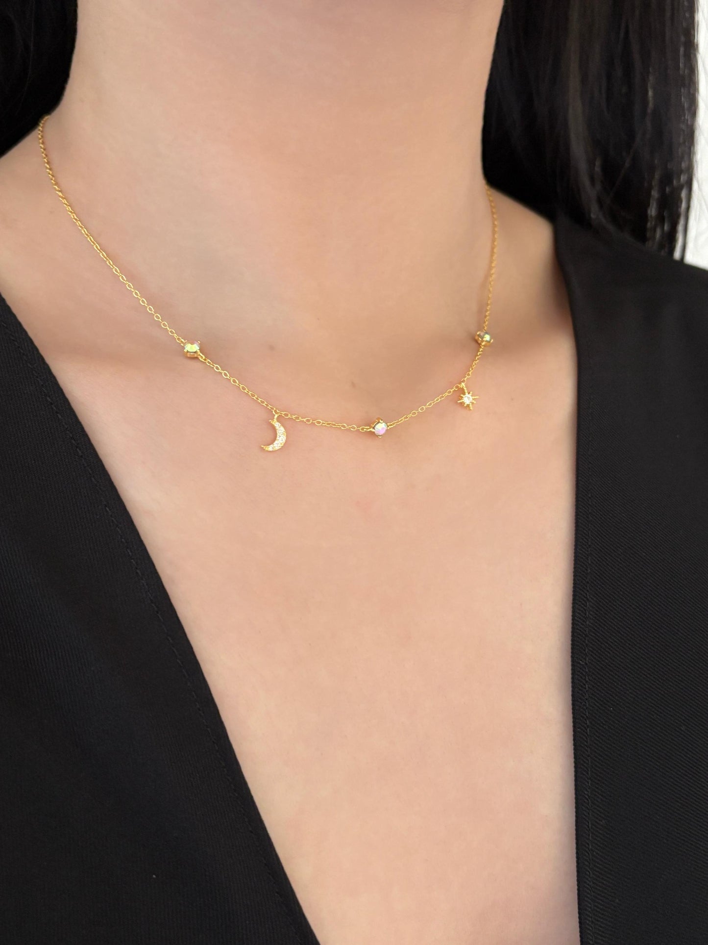 Star Moon Charm Necklace, Golden Shiny North Star Clavicle Necklace Jewellery, Gold Plated Sterling Silver Dainty Celestial Choker Jewelry