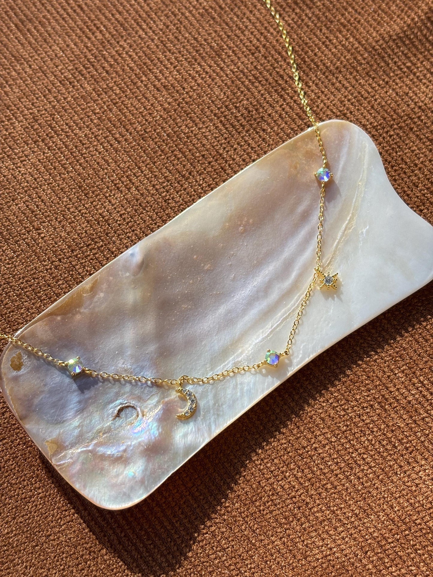 Star Moon Charm Necklace, Golden Shiny North Star Clavicle Necklace Jewellery, Gold Plated Sterling Silver Dainty Celestial Choker Jewelry