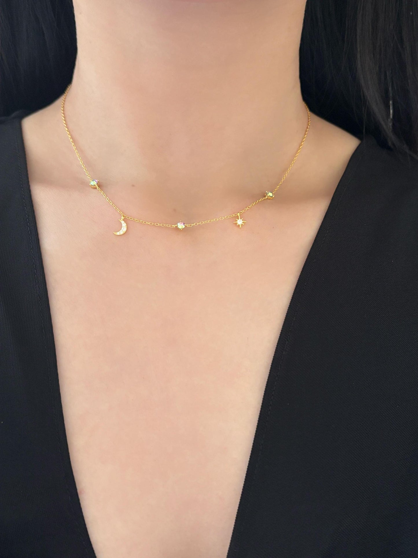 Star Moon Charm Necklace, Golden Shiny North Star Clavicle Necklace Jewellery, Gold Plated Sterling Silver Dainty Celestial Choker Jewelry