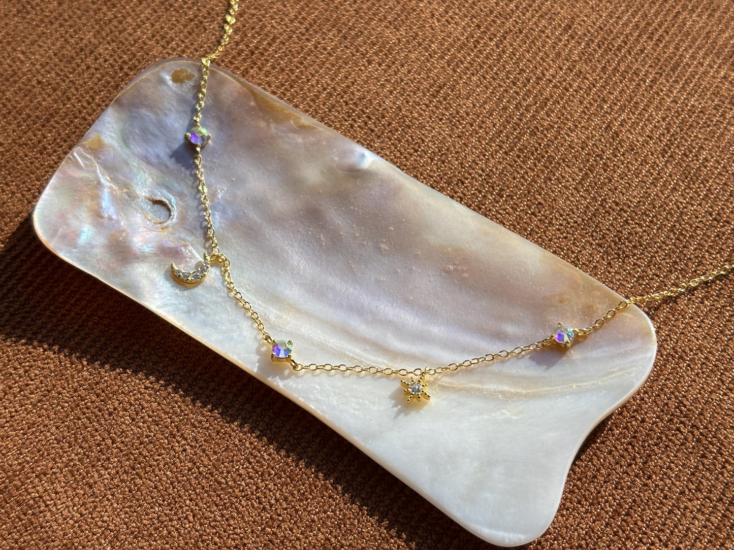 Star Moon Charm Necklace, Golden Shiny North Star Clavicle Necklace Jewellery, Gold Plated Sterling Silver Dainty Celestial Choker Jewelry