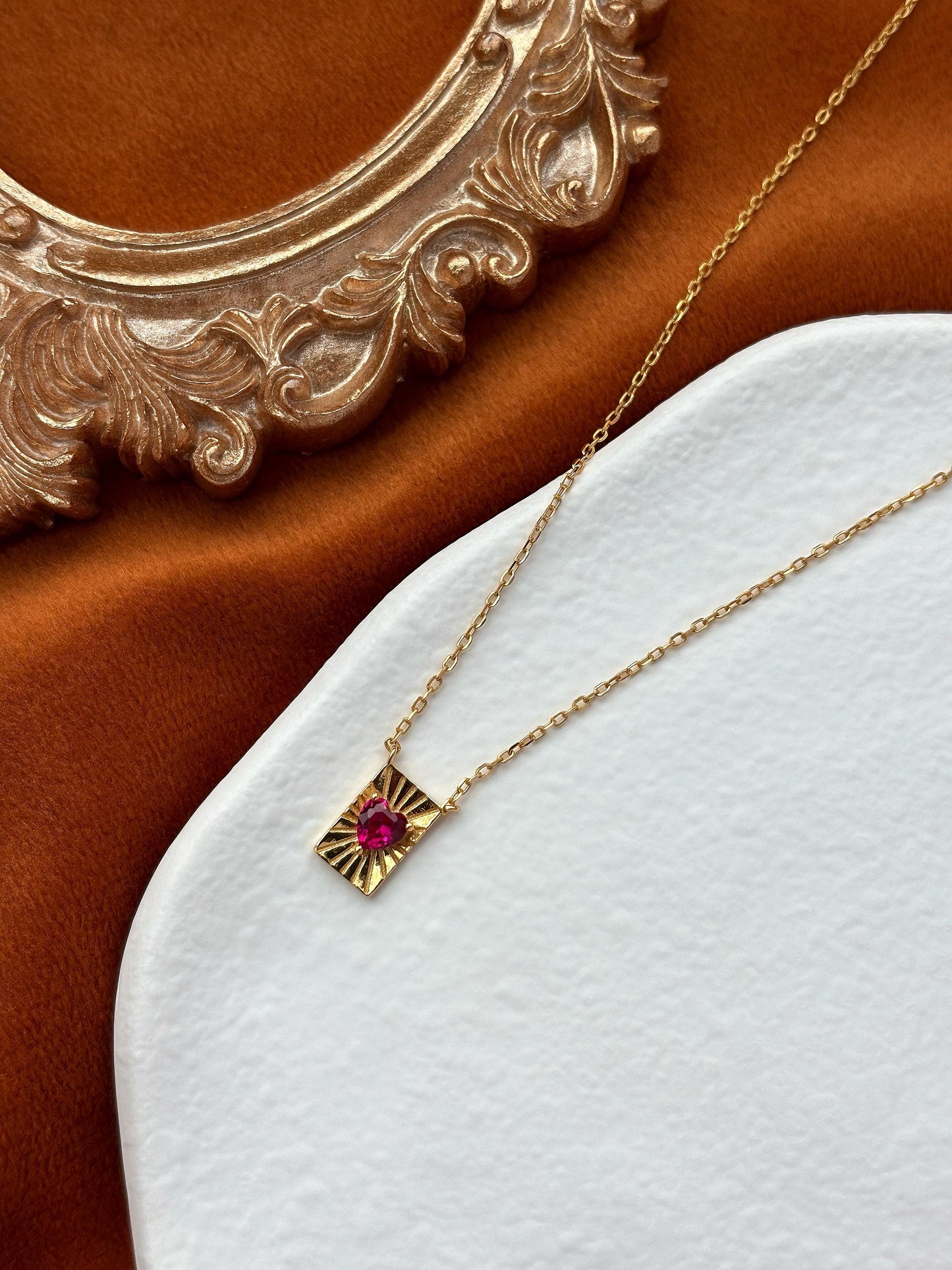 Ruby Heart Pendant Necklace, Golden Rectangle Sunbeam Necklace Jewellery, Dainty Red Love Heart Clavicle Necklace Jewelry, Sterling Silver
