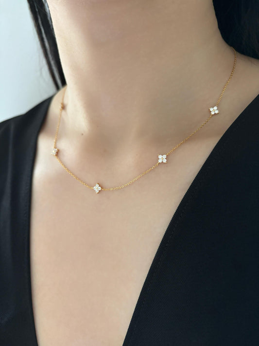 Silver Clover Necklace, Classic Golden Four Leaf Flower Charm Necklace, Floral Star Gold Plated 925 Silver Jewellery, Dainty Elegant Jewelry