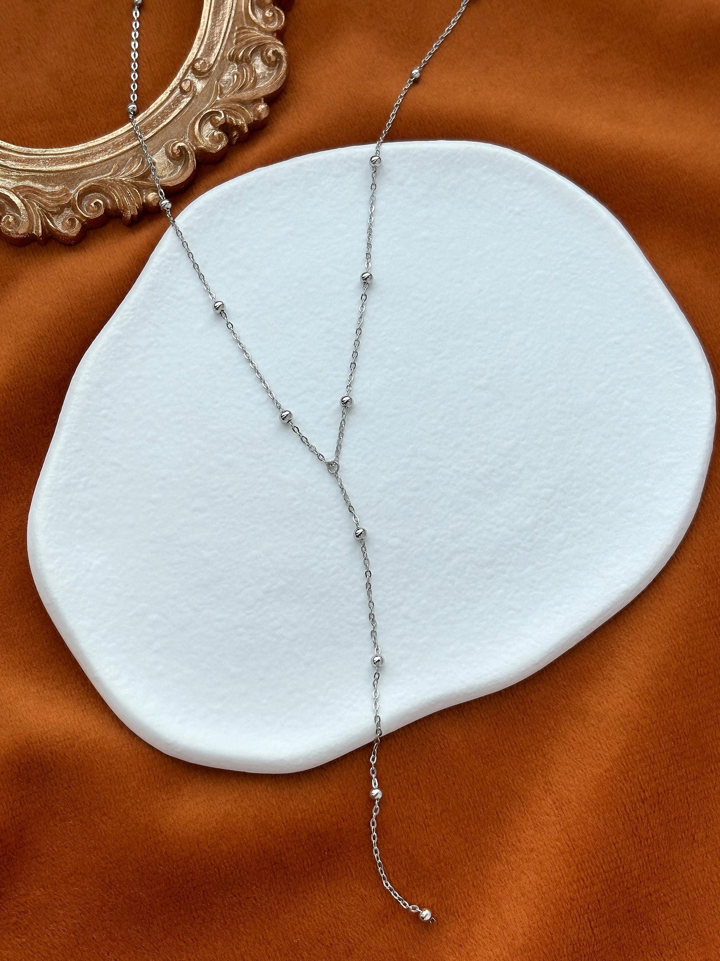 Dainty Beaded Golden Chain Y Shaped Lariat Necklace, Gold Plated Sterling Silver Clavicle Necklace Jewelry, Elegant Bead Pendant Jewellery