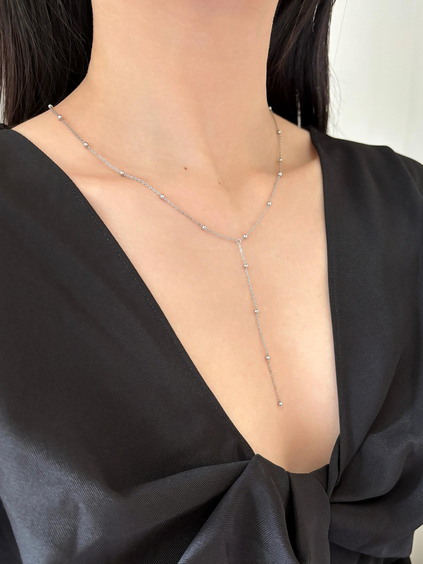 Dainty Beaded Golden Chain Y Shaped Lariat Necklace, Gold Plated Sterling Silver Clavicle Necklace Jewelry, Elegant Bead Pendant Jewellery
