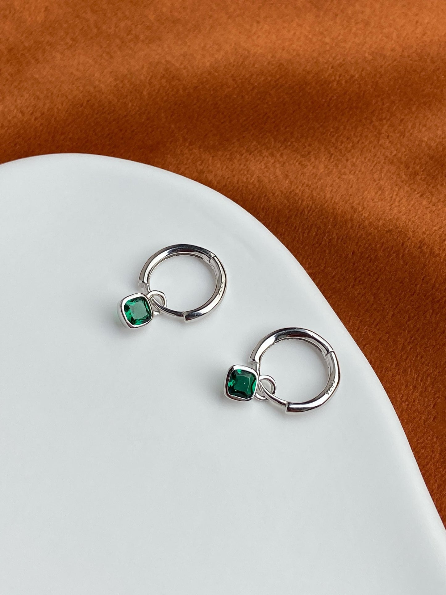 Retro Square Emerald Hoop Earrings, Vintage Green Stone Dangle Drop Earrings, Golden Dainty Elegant Jewelry, Gold Plated Silver Jewellery