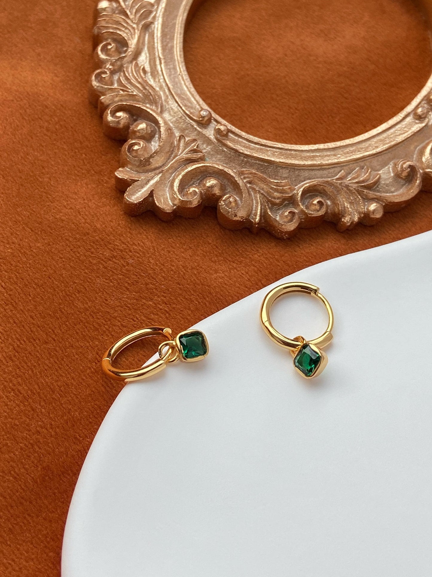 Retro Square Emerald Hoop Earrings, Vintage Green Stone Dangle Drop Earrings, Golden Dainty Elegant Jewelry, Gold Plated Silver Jewellery