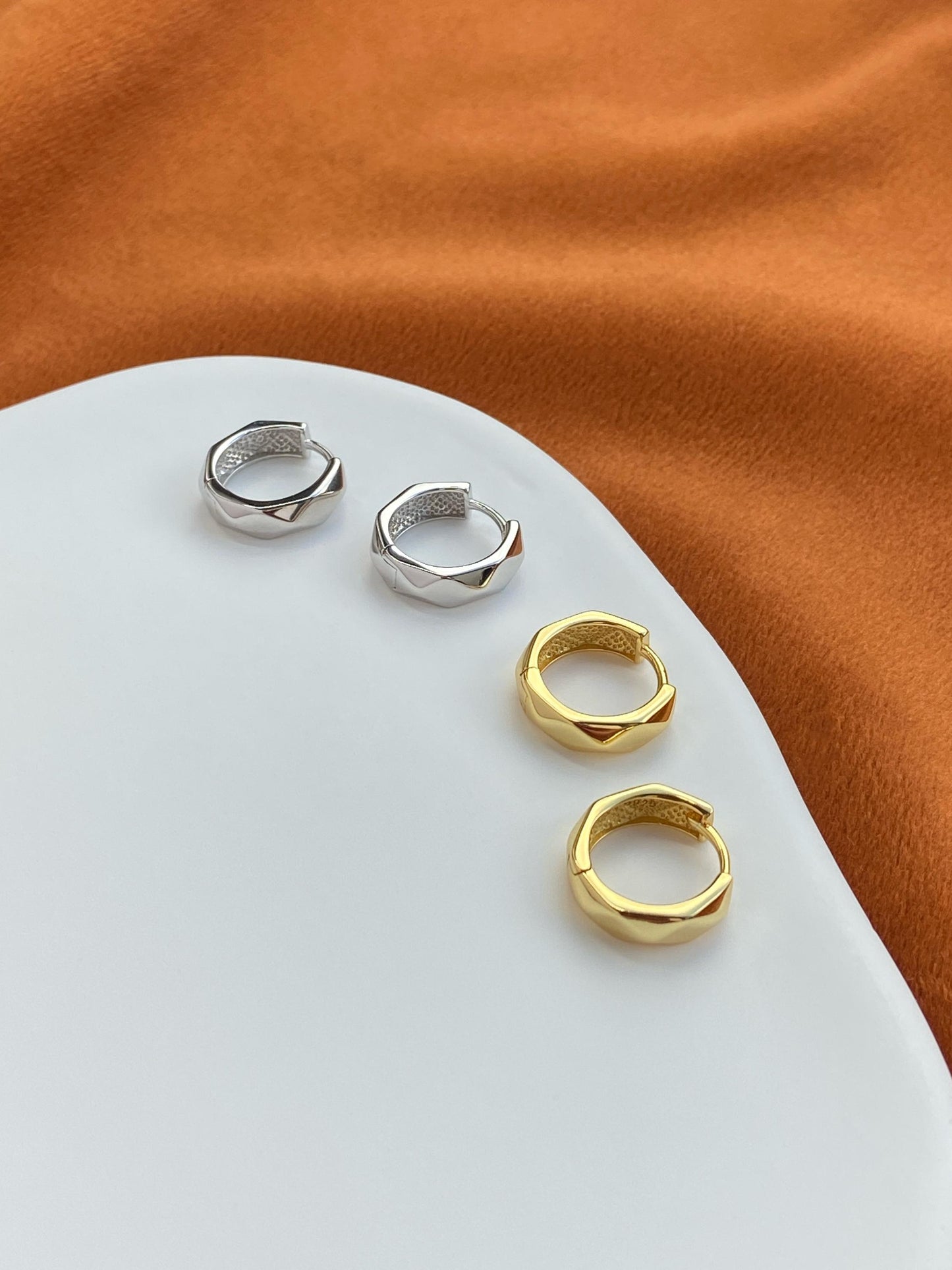 Faceted Silver Hoop Earrings, Dainty Chunky Huggie, Golden Geometric Minimalist Daily Basic Jewelry, Gold Plated Sterling Silver Jewellery