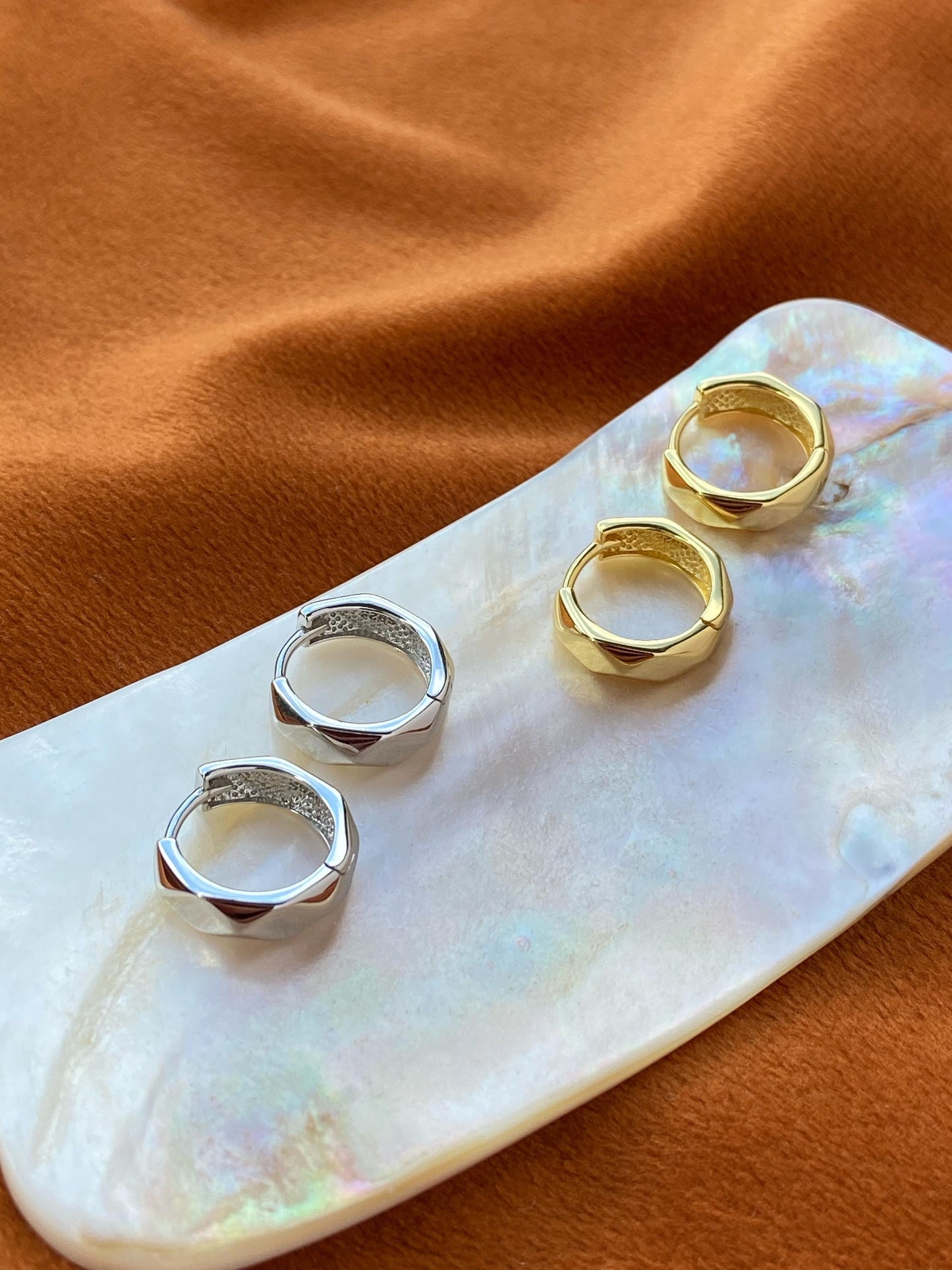 Faceted Silver Hoop Earrings, Dainty Chunky Huggie, Golden Geometric Minimalist Daily Basic Jewelry, Gold Plated Sterling Silver Jewellery