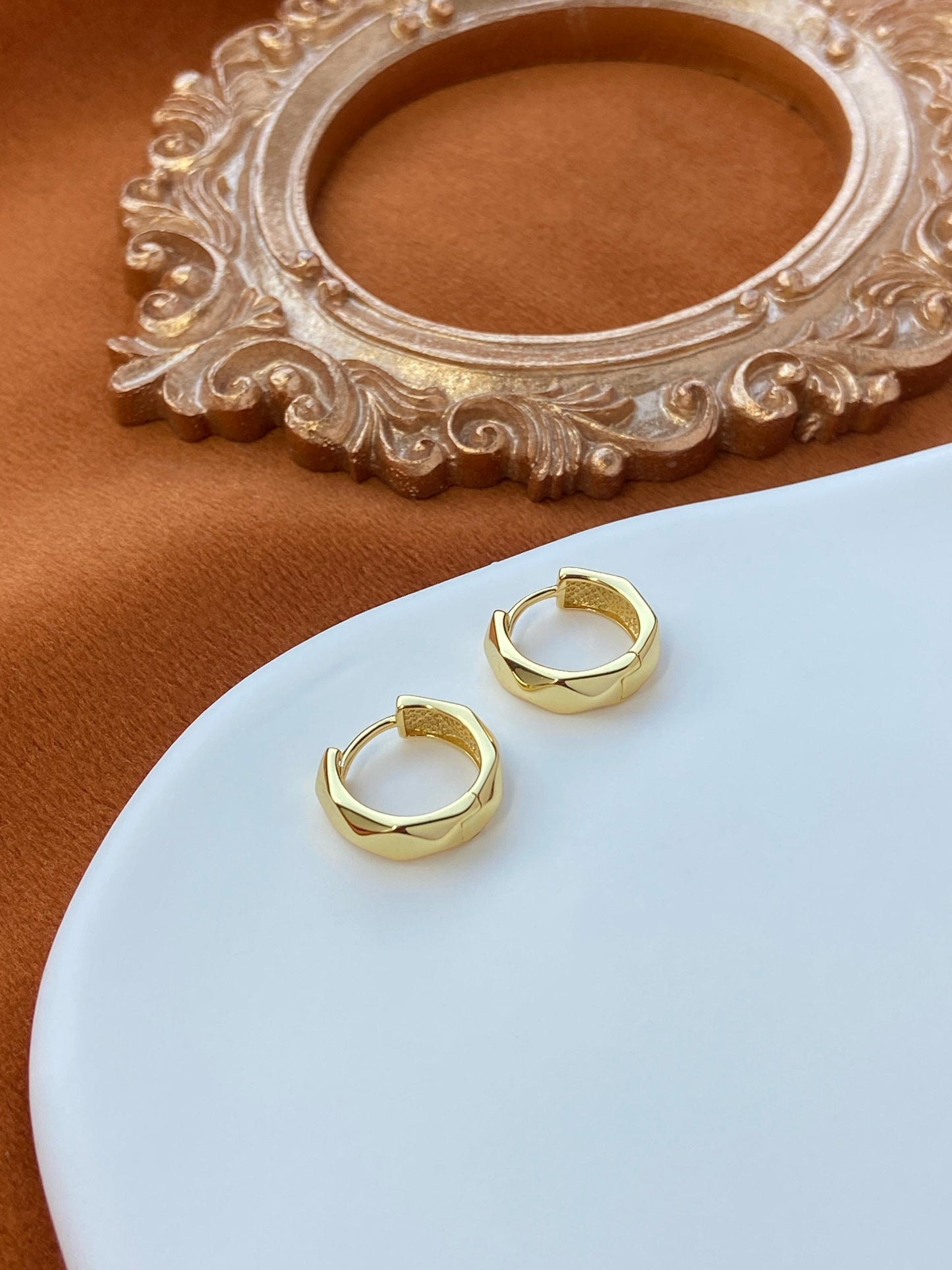 Faceted Silver Hoop Earrings, Dainty Chunky Huggie, Golden Geometric Minimalist Daily Basic Jewelry, Gold Plated Sterling Silver Jewellery