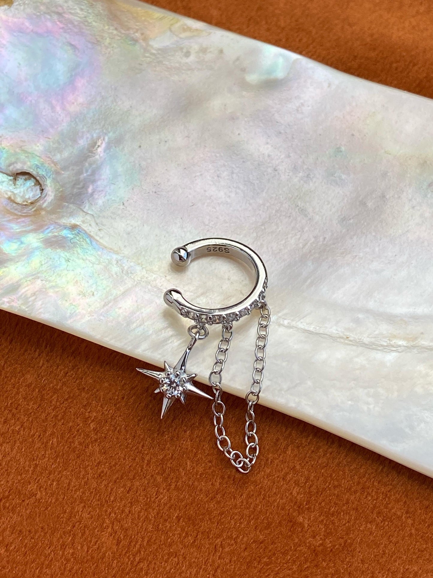 Dainty Golden North Star Ear Cuffs Jewelry, Gold Plated 925 Sterling Silver Star Chain Ear Cuff, Drop Star Non-Piercing Earrings Jewellery