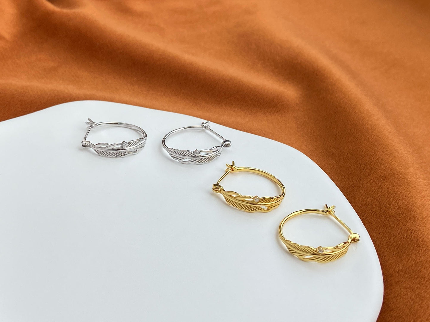 Dainty Silver Feather Hoops, Golden Curved Angelic Feather Huggie, Angel Wings Jewelry, 14K Gold Plated 925 Silver Leaf Earrings Jewellery