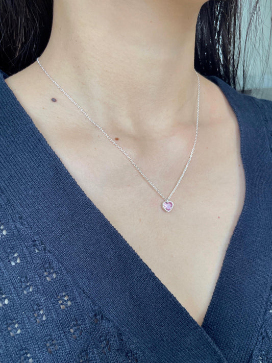 Cute Silver Heart Clavicle Necklace, Pink Heart Pendant Jewellery, Shiny Sparkling Love Necklace, Dainty Lovely Jewelry, 925 Sterling Silver