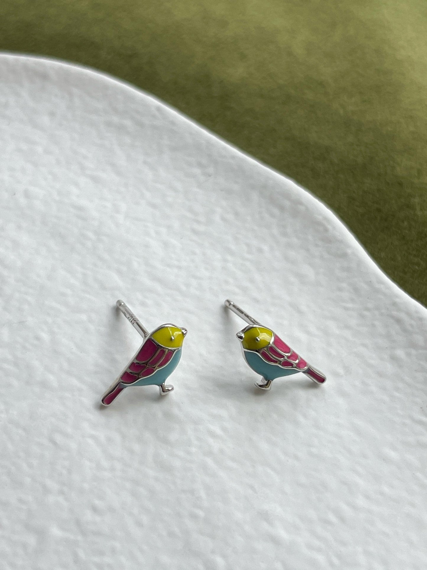 Mini Cute Birds Stud Earrings, Lovely Small Little Bird Studs, Cartoon Animated Enamel Colourful Bird Jewellery, 925 Silver Animal Jewelry