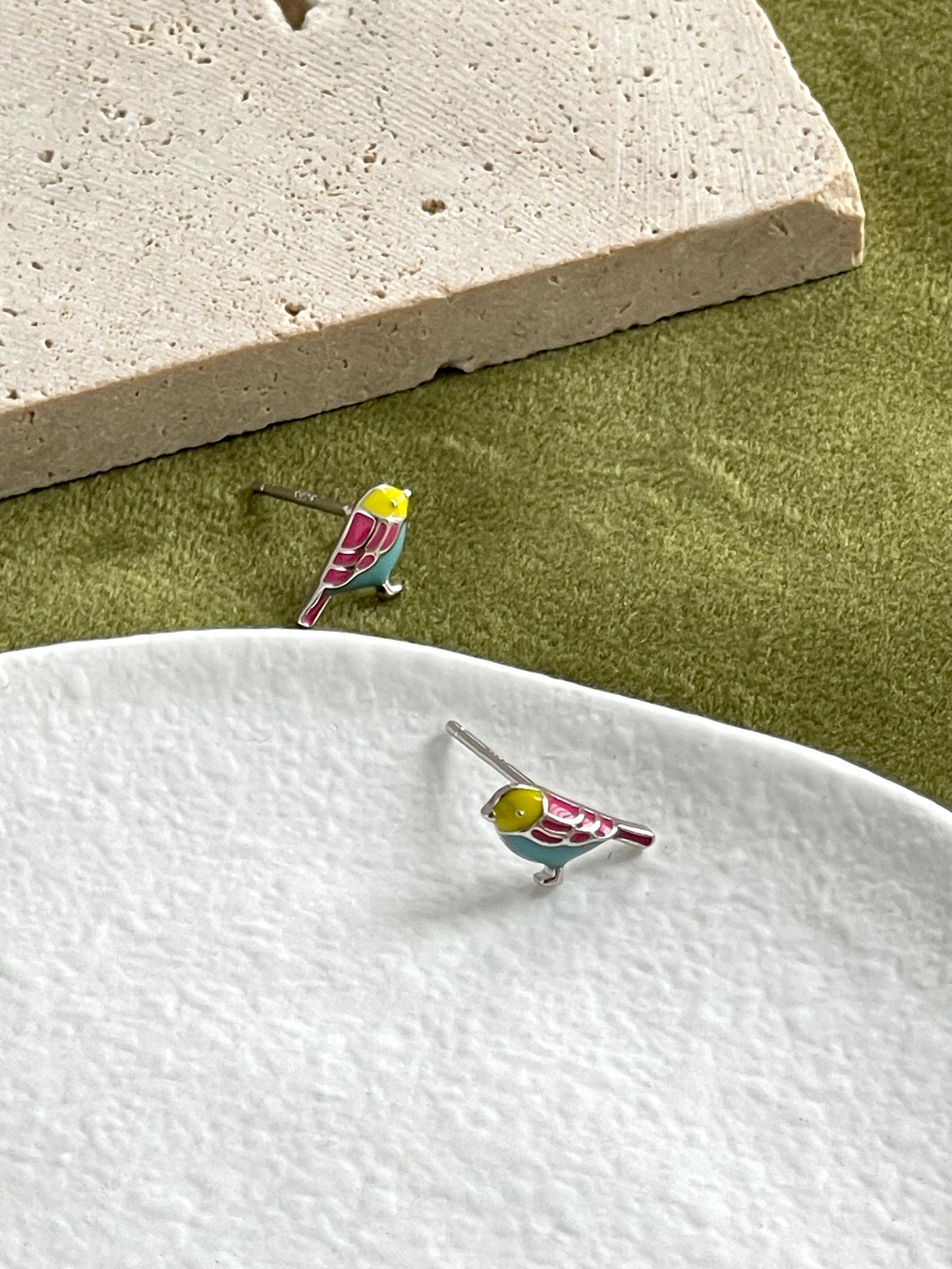 Mini Cute Birds Stud Earrings, Lovely Small Little Bird Studs, Cartoon Animated Enamel Colourful Bird Jewellery, 925 Silver Animal Jewelry