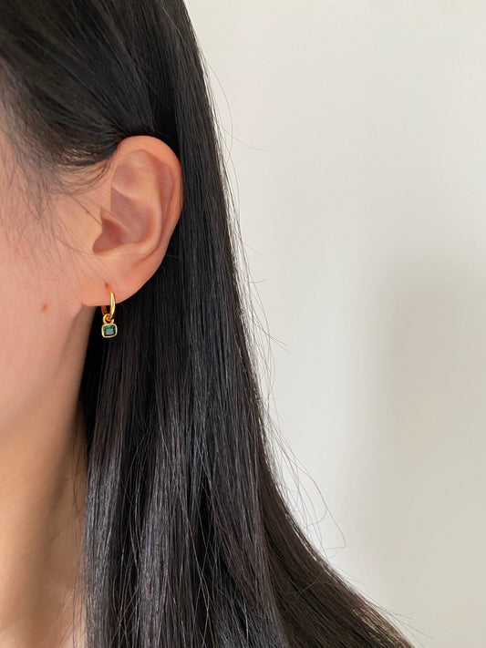 Retro Square Emerald Hoop Earrings, Vintage Green Stone Dangle Drop Earrings, Golden Dainty Elegant Jewelry, Gold Plated Silver Jewellery