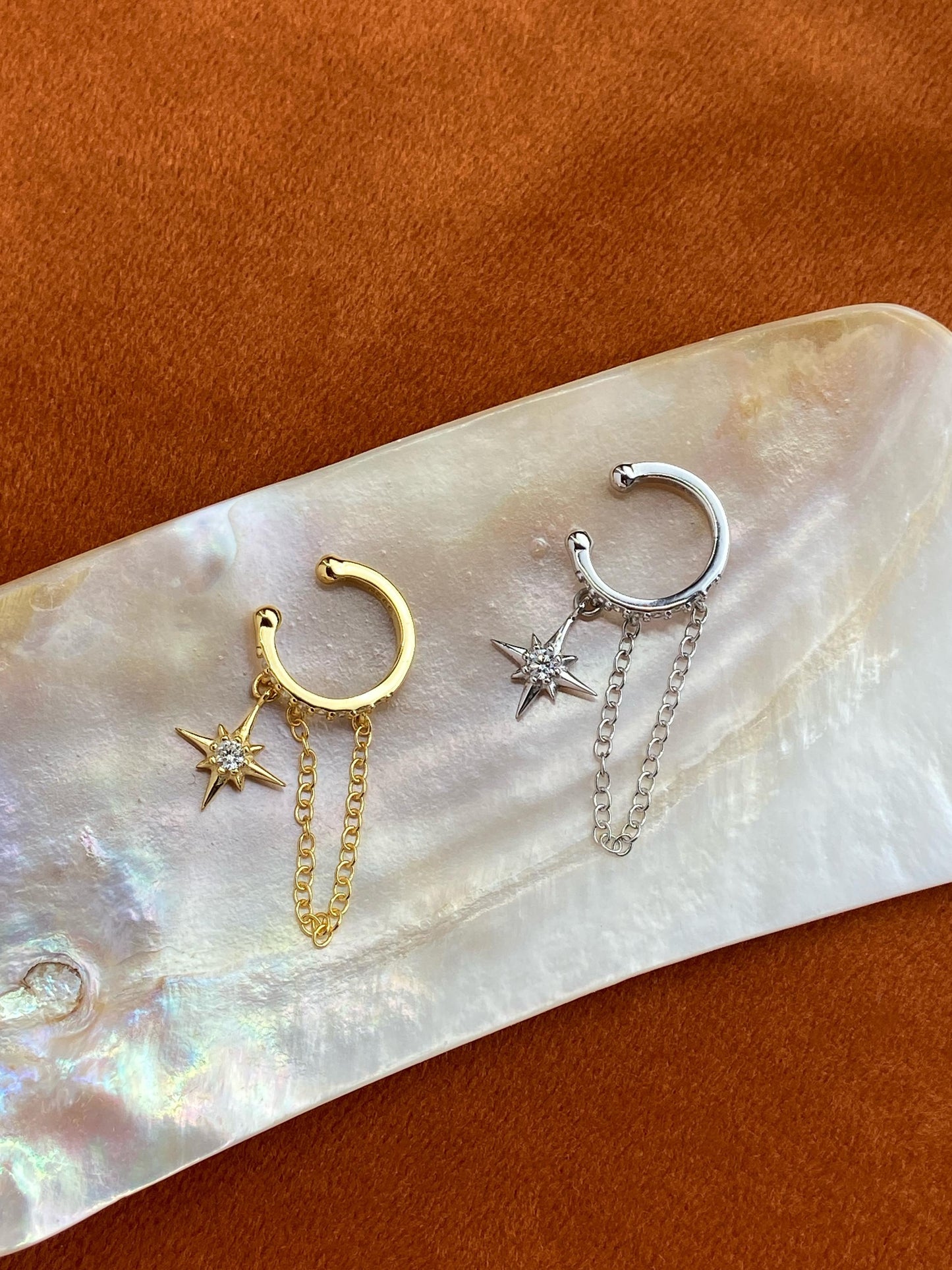 Dainty Golden North Star Ear Cuffs Jewelry, Gold Plated 925 Sterling Silver Star Chain Ear Cuff, Drop Star Non-Piercing Earrings Jewellery