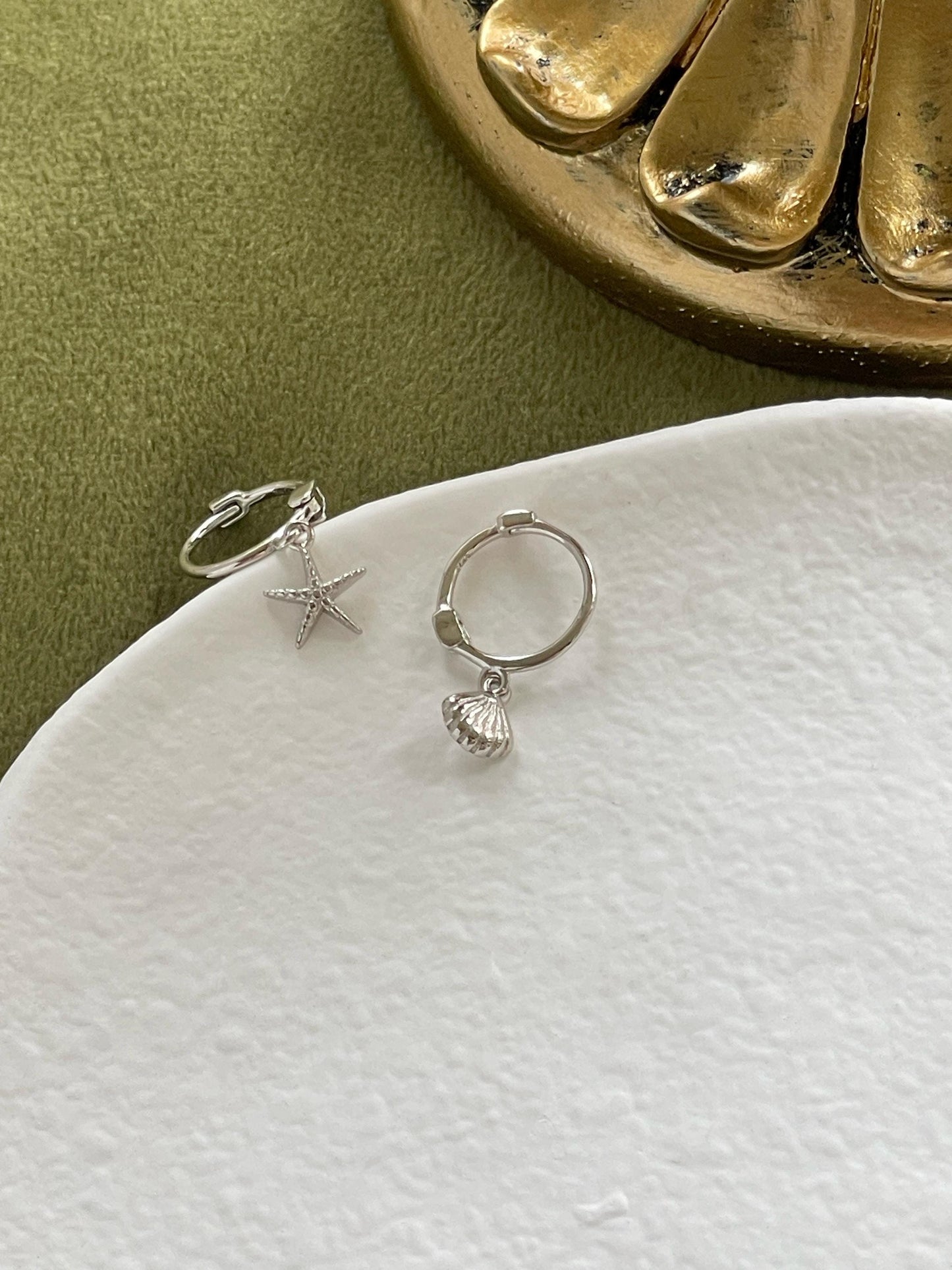 Cute Starfish Shell Hoops, Small Lovely Seashell Drop Dangle Earrings, Ocean Beach Sea Jewelry, Dainty Mini Gold Plated 925 Silver Jewellery