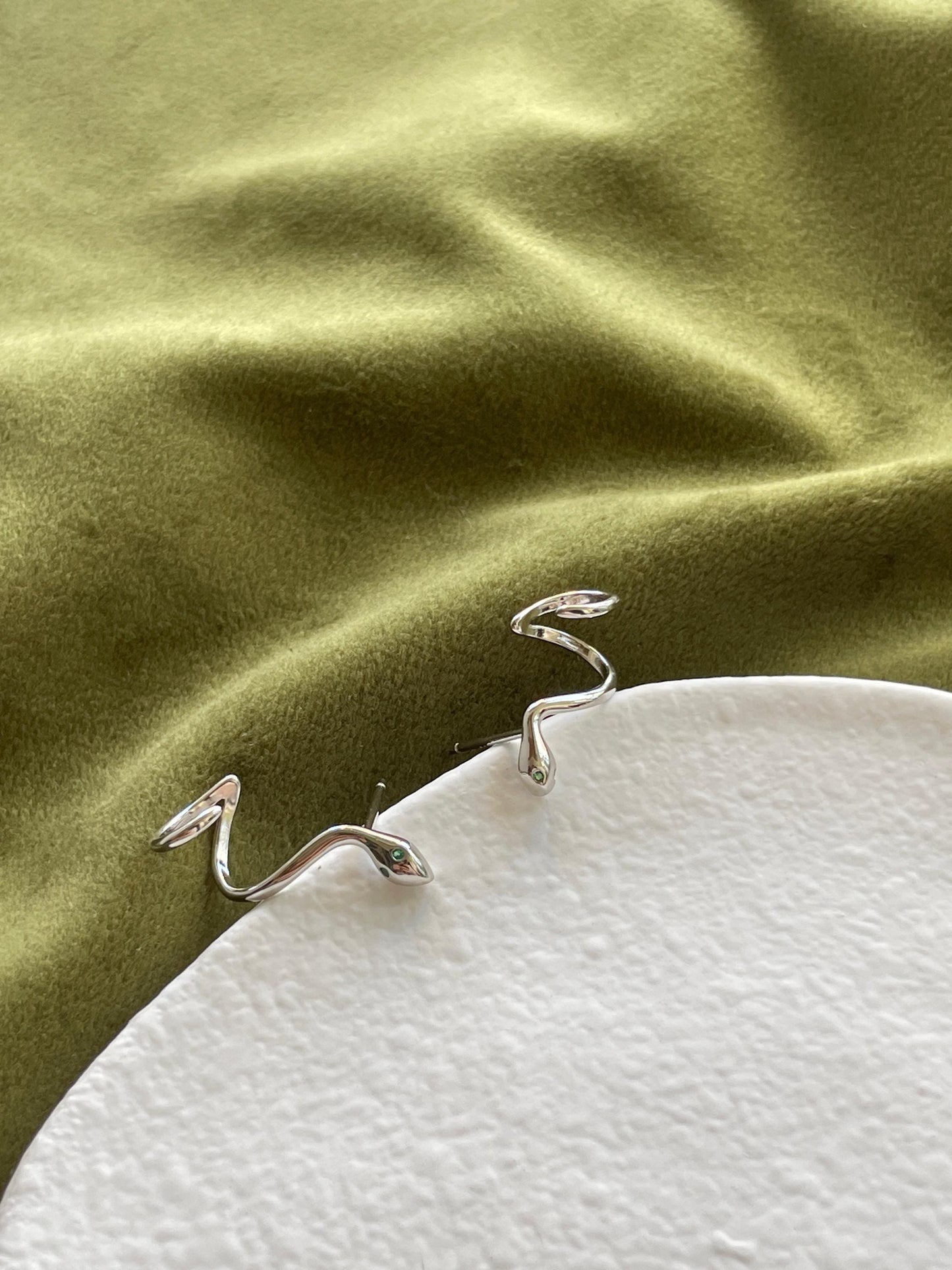 Silver Snake Stud Earrings, Snake Ear Climber Earrings With Green Gemstone Eyes, Animal Jewelry, 18K Gold Plated Sterling Silver Jewellery