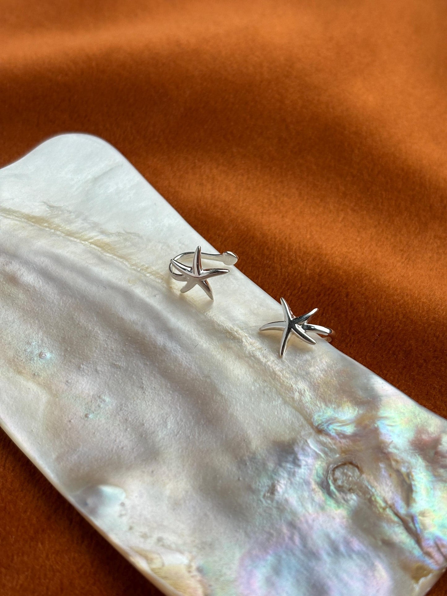 Dainty Silver Starfish Non-Piercing Earrings, Cute Rose Gold Starfish Ear Cuffs Jewelry, 18K Gold Plated 925 Silver Celestial Star Jewellery