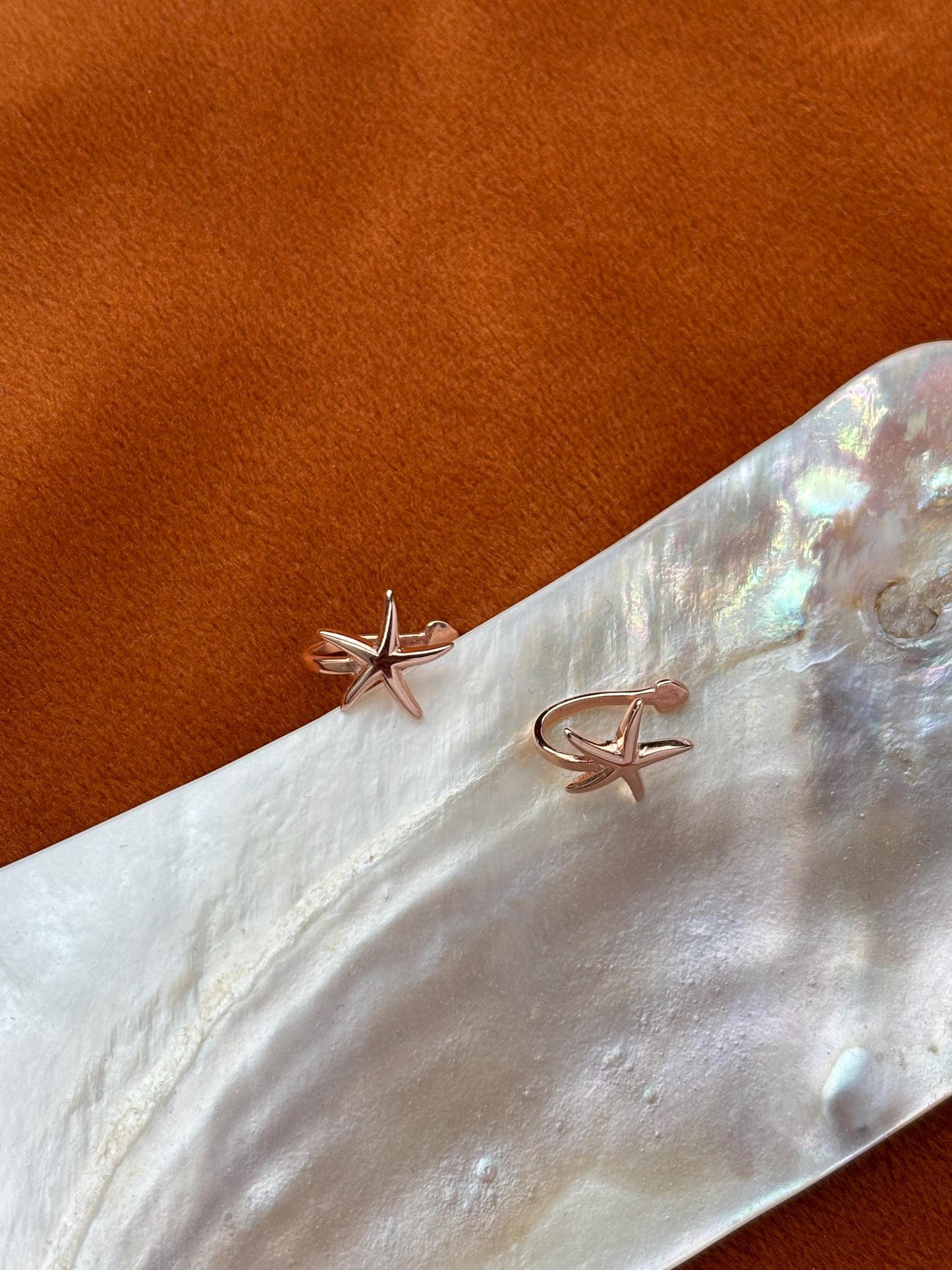 Dainty Silver Starfish Non-Piercing Earrings, Cute Rose Gold Starfish Ear Cuffs Jewelry, 18K Gold Plated 925 Silver Celestial Star Jewellery