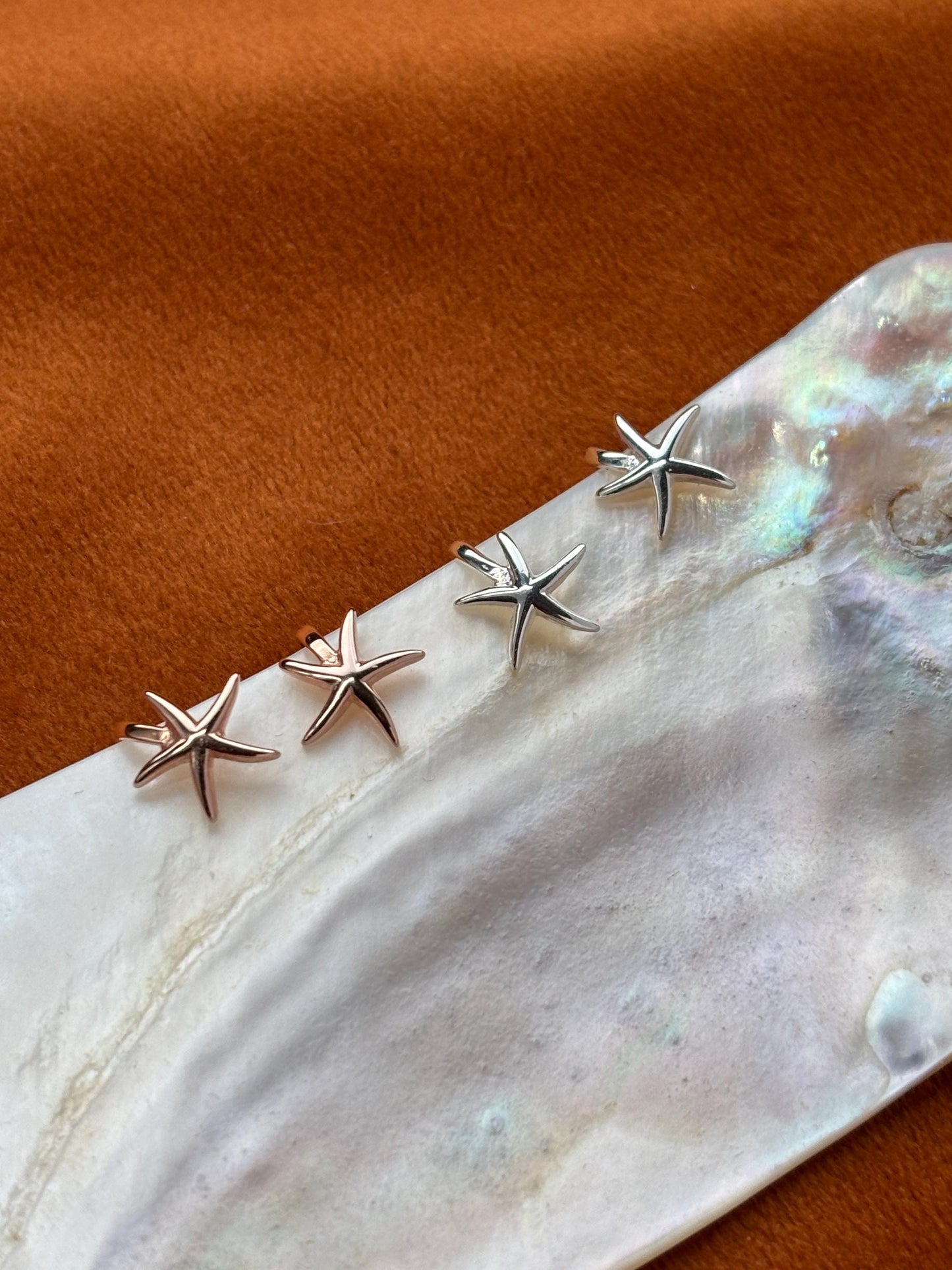 Dainty Silver Starfish Non-Piercing Earrings, Cute Rose Gold Starfish Ear Cuffs Jewelry, 18K Gold Plated 925 Silver Celestial Star Jewellery